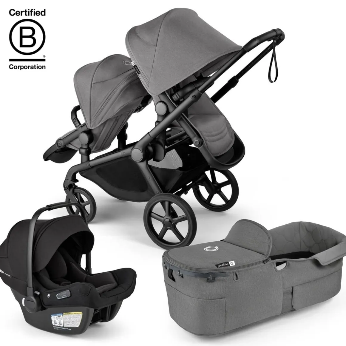 Bugaboo Kangaroo Double Stroller + Turtle Air Shield By Nuna Travel System Bundle - Black / Moon Grey / Moon Grey