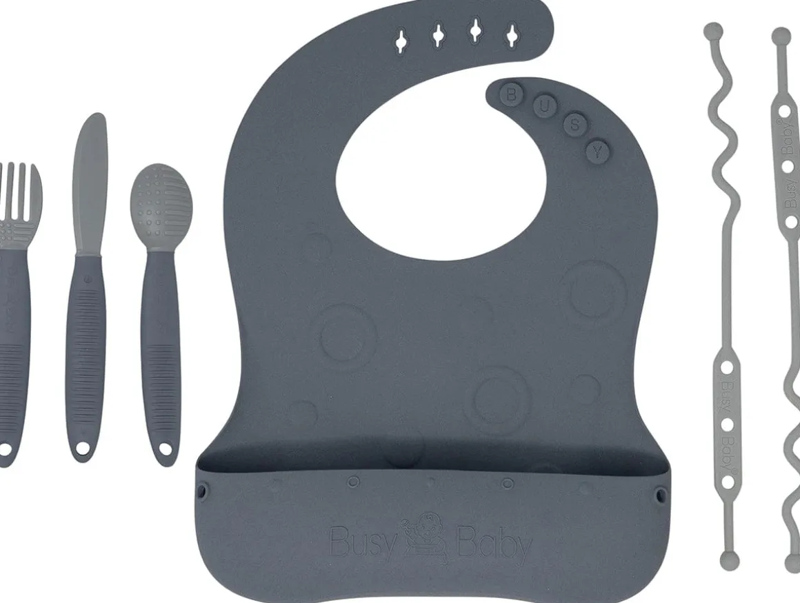 Busy Baby Bungee Bib & Utensil Bundle - Pewter