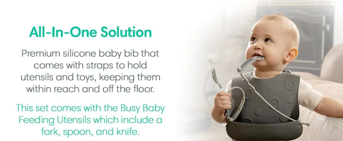 Busy Baby Bungee Bib & Utensil Bundle - Pewter