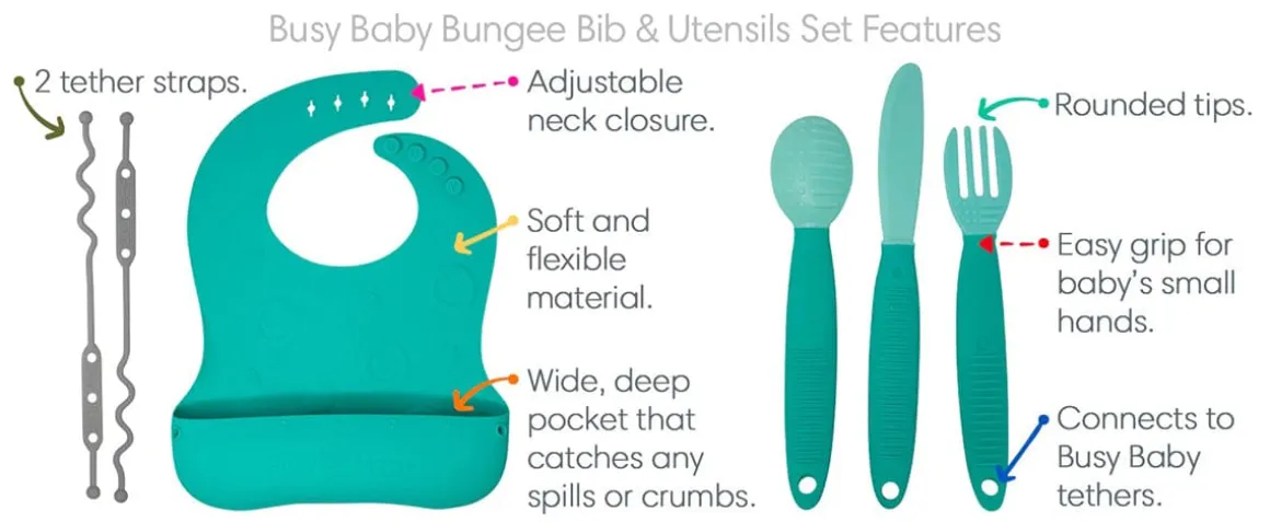 Busy Baby Bungee Bib & Utensil Bundle - Pewter