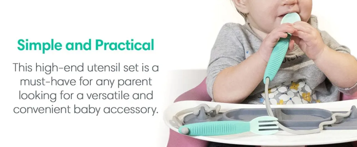 Busy Baby Bungee Bib & Utensil Bundle - Pewter