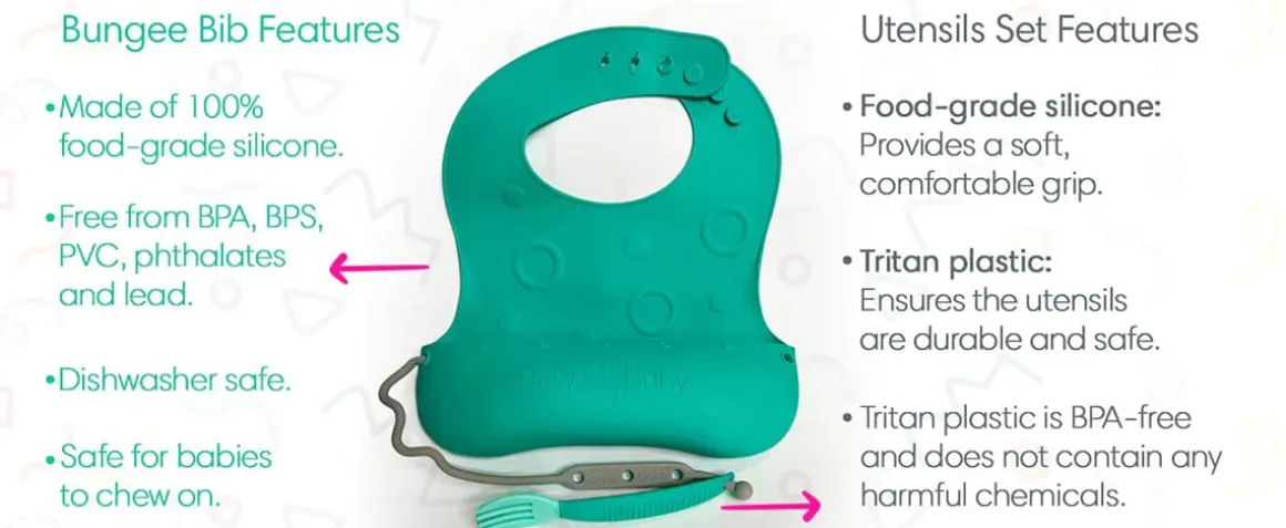Busy Baby Bungee Bib & Utensil Bundle - Pewter