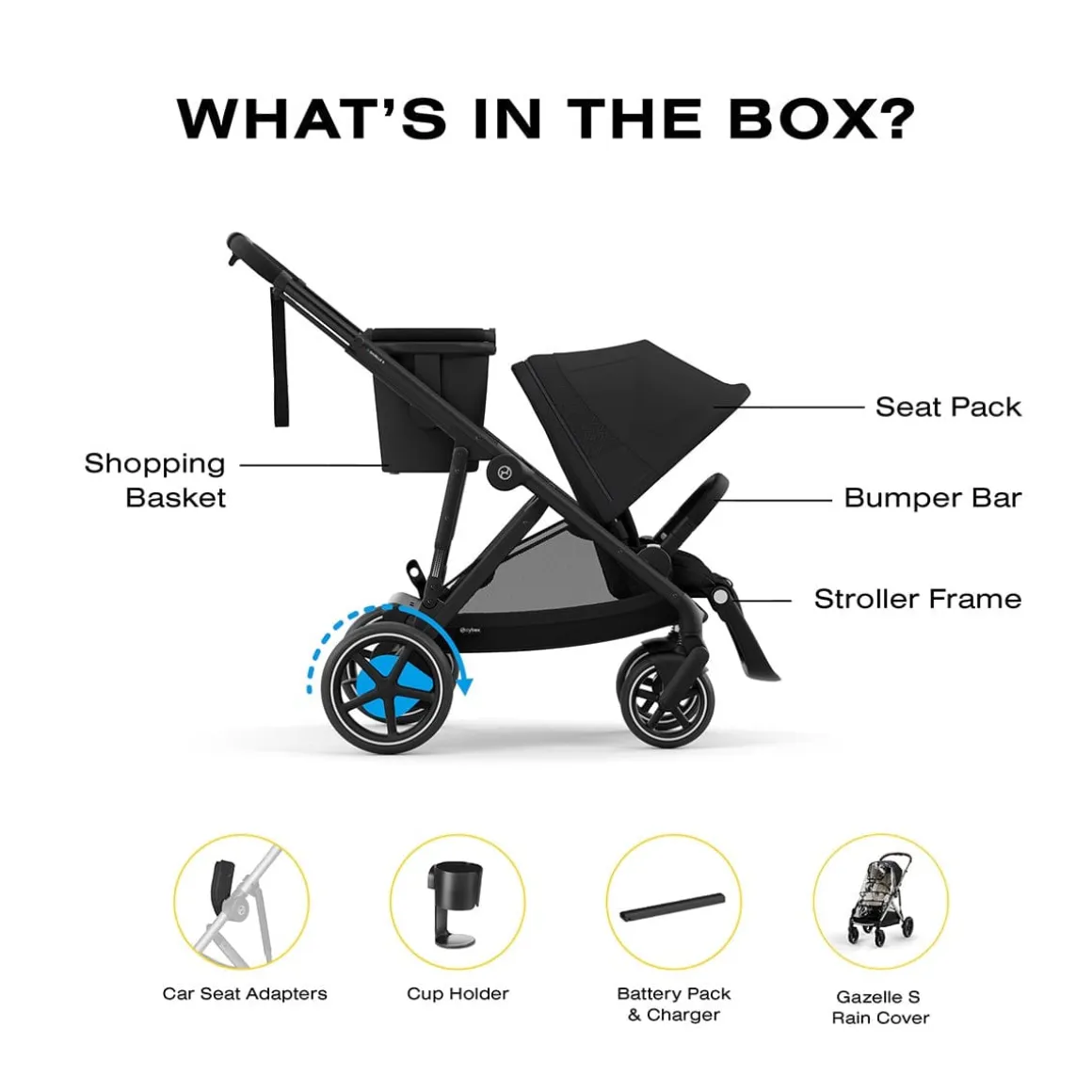 Cybex eGazelle S Electronic Assist Stroller + Gazelle S 2 Cot Bundle - Black Frame / Moon Black