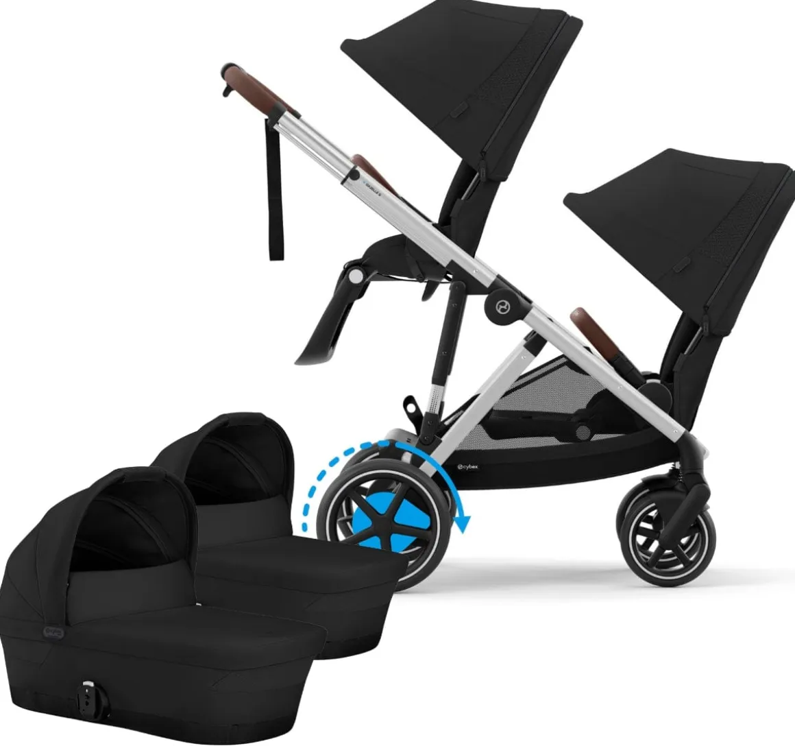 Cybex eGazelle S Electronic Assist Twin Stroller + Cot Bundle - Silver Frame / Moon Black