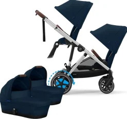 Cybex eGazelle S Electronic Assist Twin Stroller + Cot Bundle - Silver Frame / Ocean Blue
