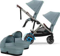 Cybex eGazelle S Electronic Assist Twin Stroller + Cot Bundle - Taupe Frame / Stormy Blue