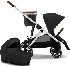 Cybex Gazelle S 2 Single-to-Double Stroller + Cot Bundle - Silver Frame / Moon Black