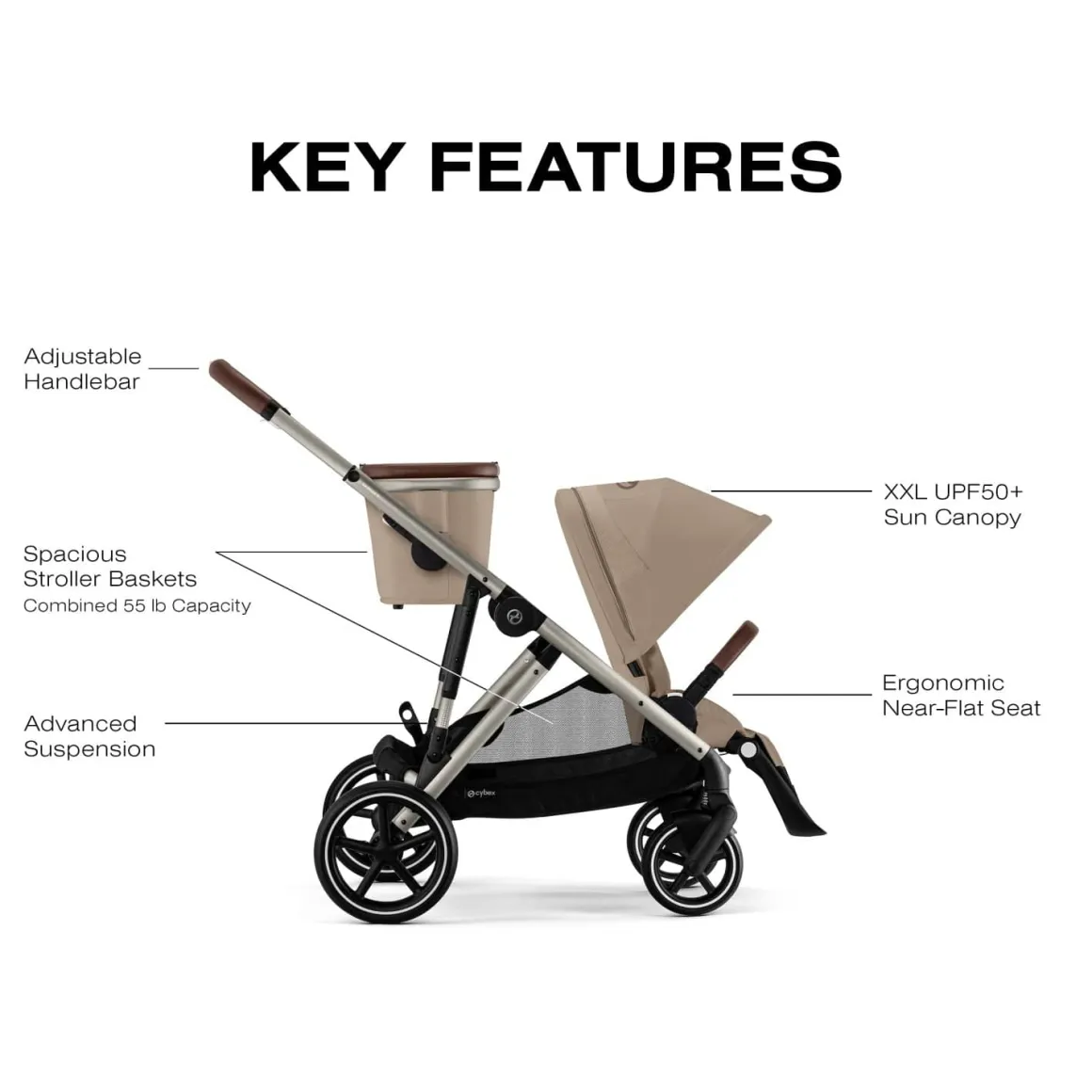 Cybex Gazelle S Single-to-Double Stroller - Taupe Frame / Almond Beige