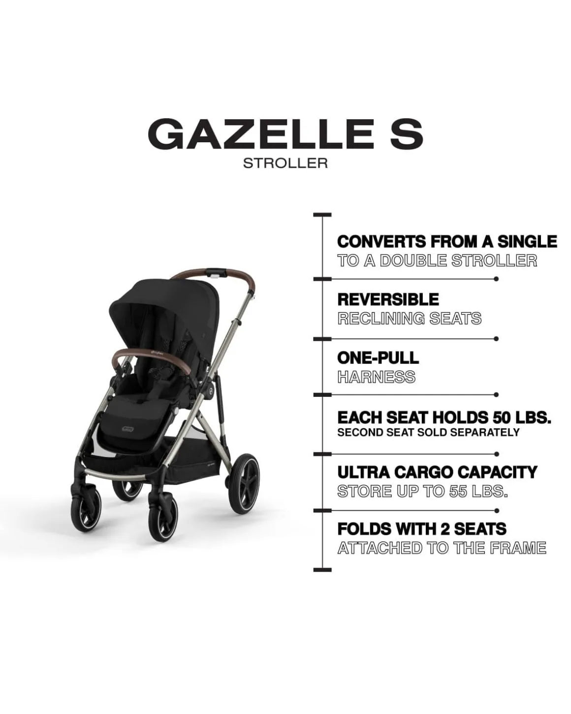 Cybex Gazelle S Single-to-Double Stroller - Taupe Frame / Moon Black