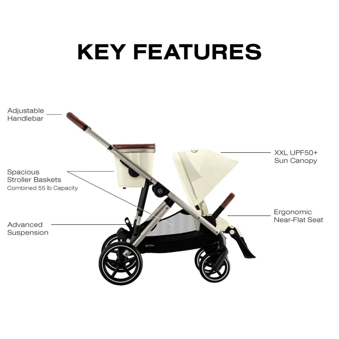Cybex Gazelle S Single-to-Double Stroller - Taupe Frame / Seashell Beige
