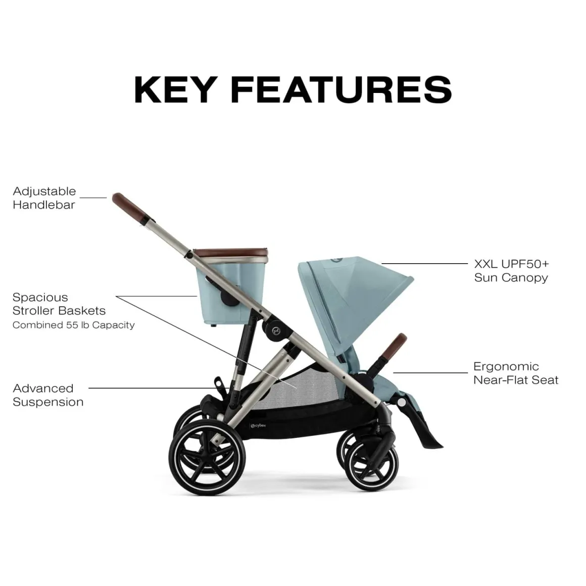 Cybex Gazelle S Single-to-Double Stroller - Taupe Frame / Sky Blue
