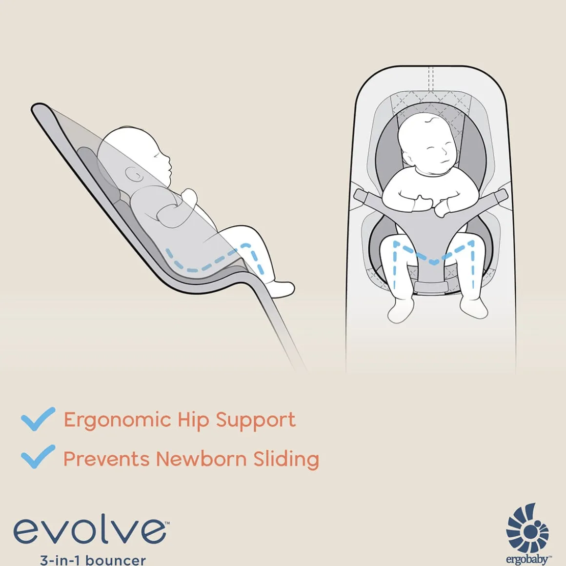 Ergobaby 3-in-1 Evolve Bouncer + Toy Bar Bundle - Light Grey
