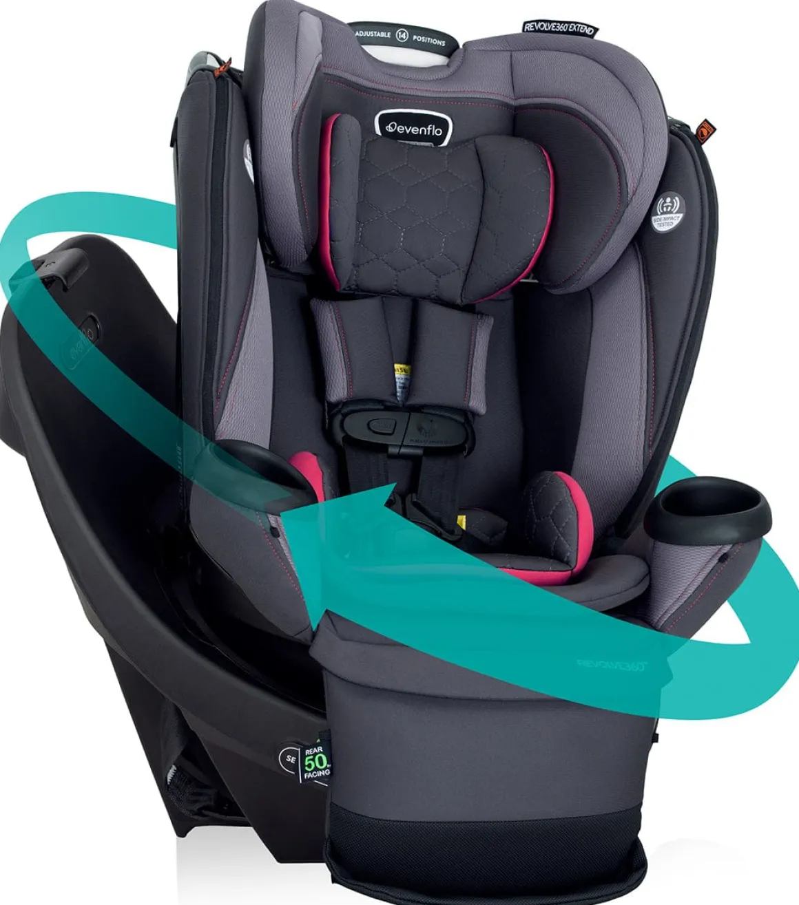 Evenflo Revolve360 Extend Rotational All-in-one Convertible Car Seat With Quick Clean Cover - Rowe Pink