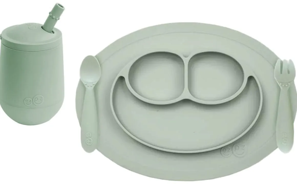 EZPZ Toddler Bundle - Mini Feeding Set + Mini Cup and Straw Training System - Sage