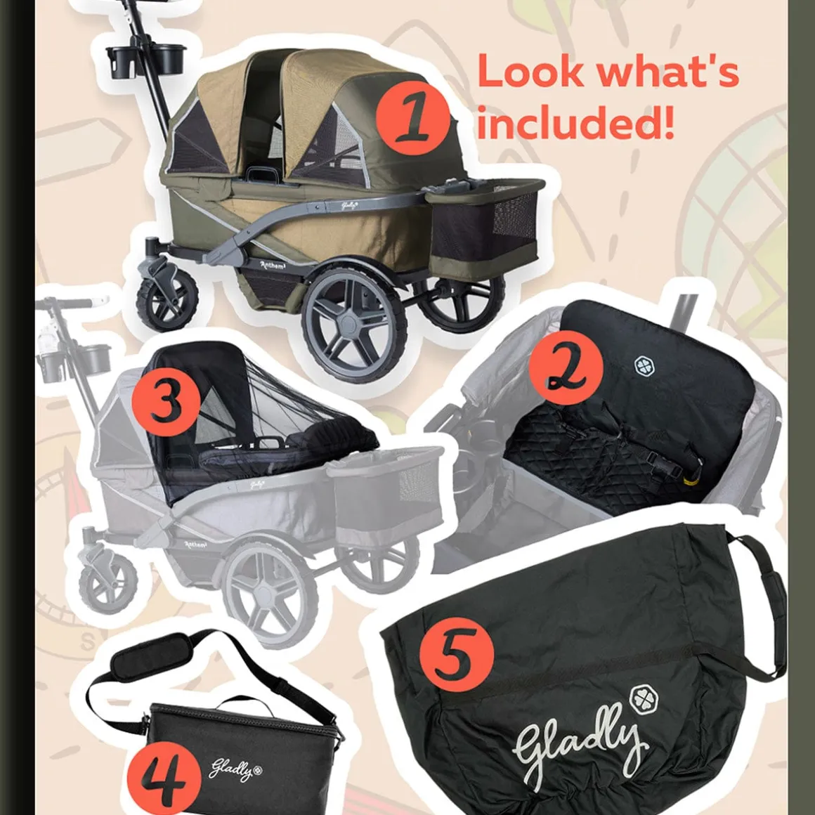 Gladly Family Anthem4 All-Terrain (4 Seater) Stroller Wagon Adventure Bundle - Forest