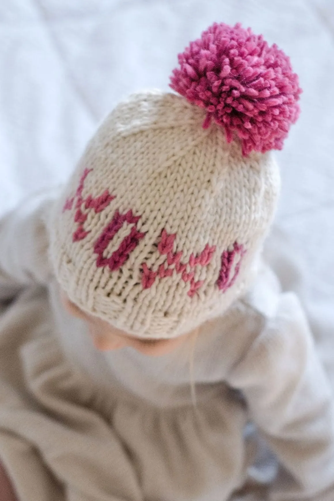 Huggalugs XOXO Valentine's Day Hand Knit Beanie Hat - Cream, Medium (6-24 months)