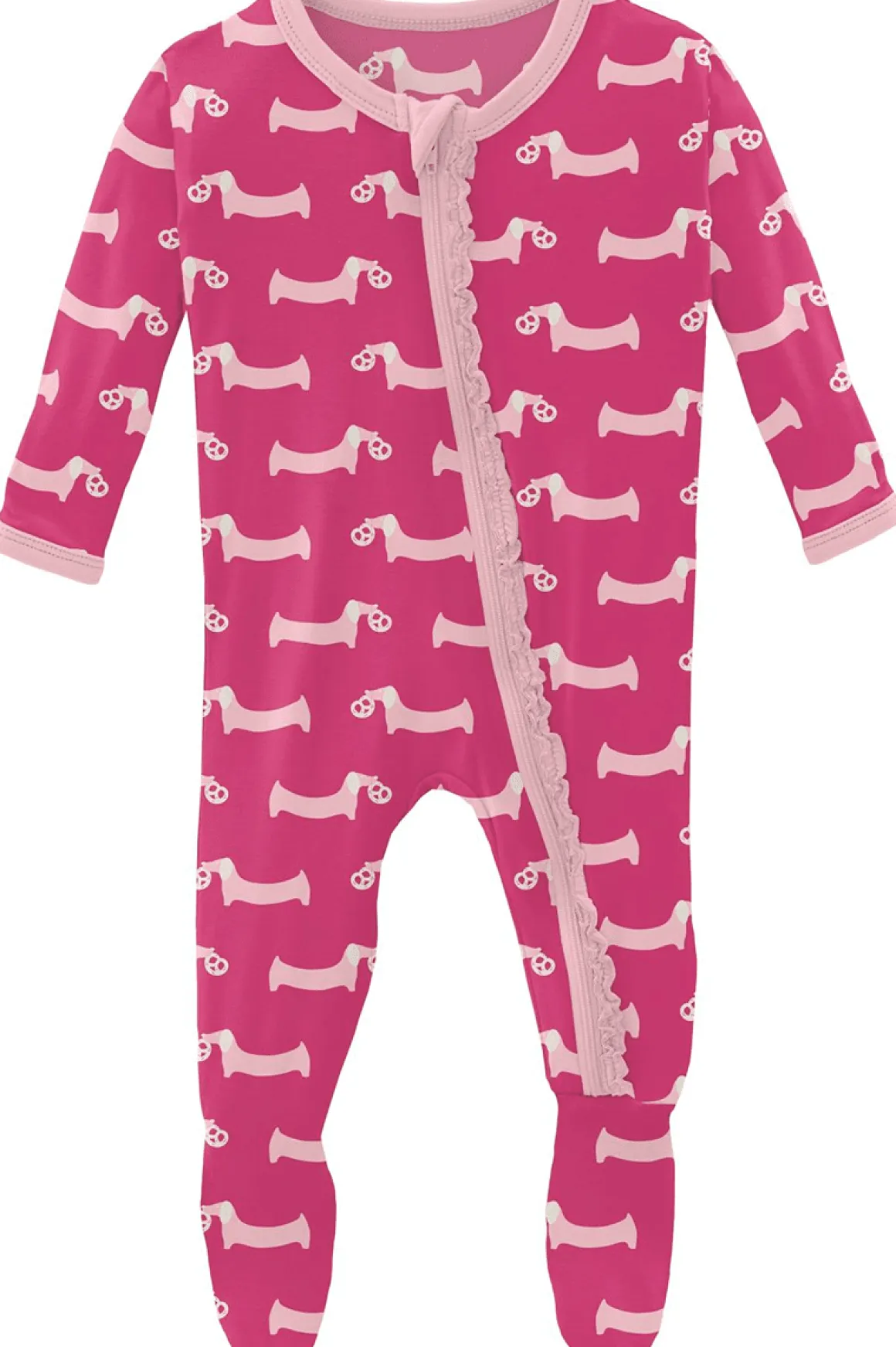 KicKee Pants Muffin Ruffle Footie with Zipper - Calypso Pretzel Pup, 6-9 Months