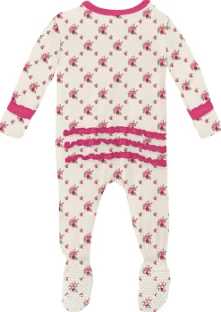 KicKee Pants Muffin Ruffle Footie with Zipper - Natural Rose Trellis, 0-3 Months