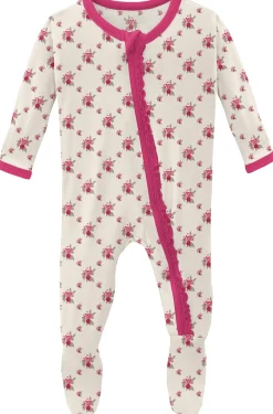 KicKee Pants Muffin Ruffle Footie with Zipper - Natural Rose Trellis, 9-12 Months