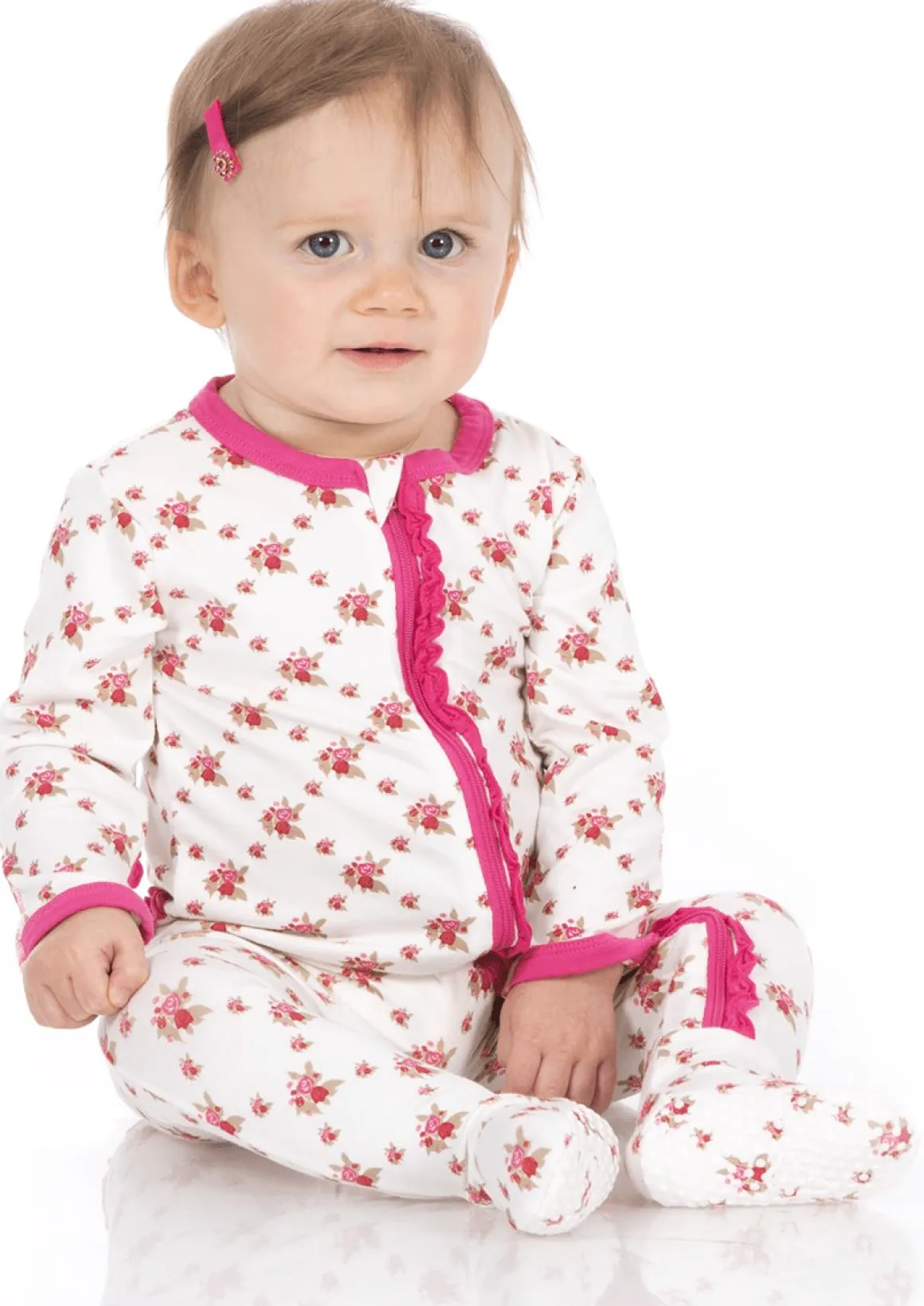 KicKee Pants Muffin Ruffle Footie with Zipper - Natural Rose Trellis, 9-12 Months