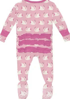 KicKee Pants Print Classic Ruffle Footie with 2 Way Zipper - Cake Pop Swan Princess, 0-3 Months