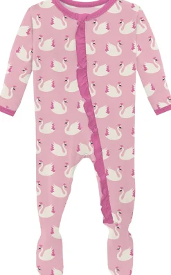 KicKee Pants Print Classic Ruffle Footie with 2 Way Zipper - Cake Pop Swan Princess, Newborn