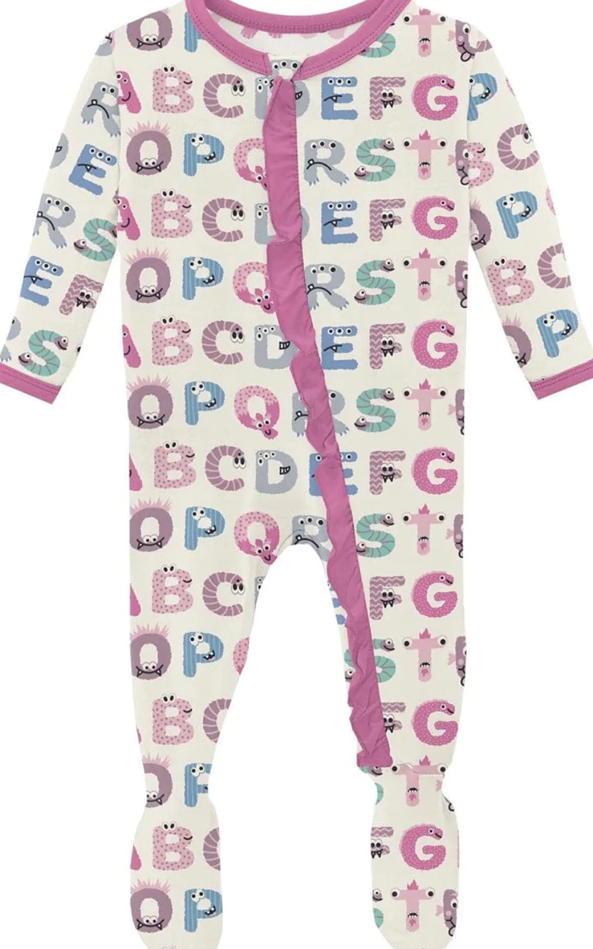 KicKee Pants Print Classic Ruffle Footie with 2 Way Zipper - Natural ABC Monsters, 0-3 Months