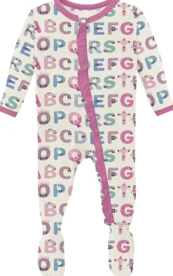 KicKee Pants Print Classic Ruffle Footie with 2 Way Zipper - Natural ABC Monsters, 3-6 Months