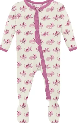 KicKee Pants Print Classic Ruffle Footie with 2 Way Zipper - Natural Axolotl Party, 3-6 Months