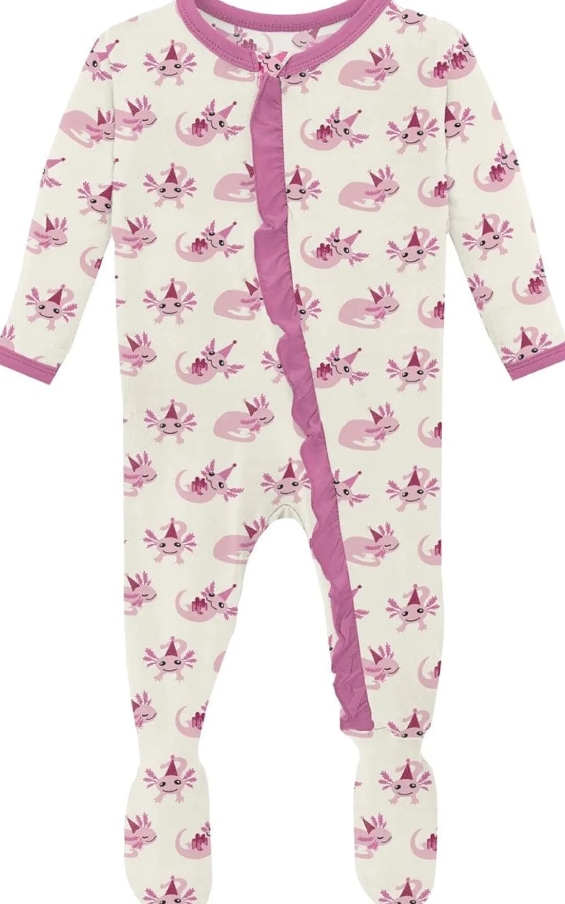 KicKee Pants Print Classic Ruffle Footie with 2 Way Zipper - Natural Axolotl Party, Newborn