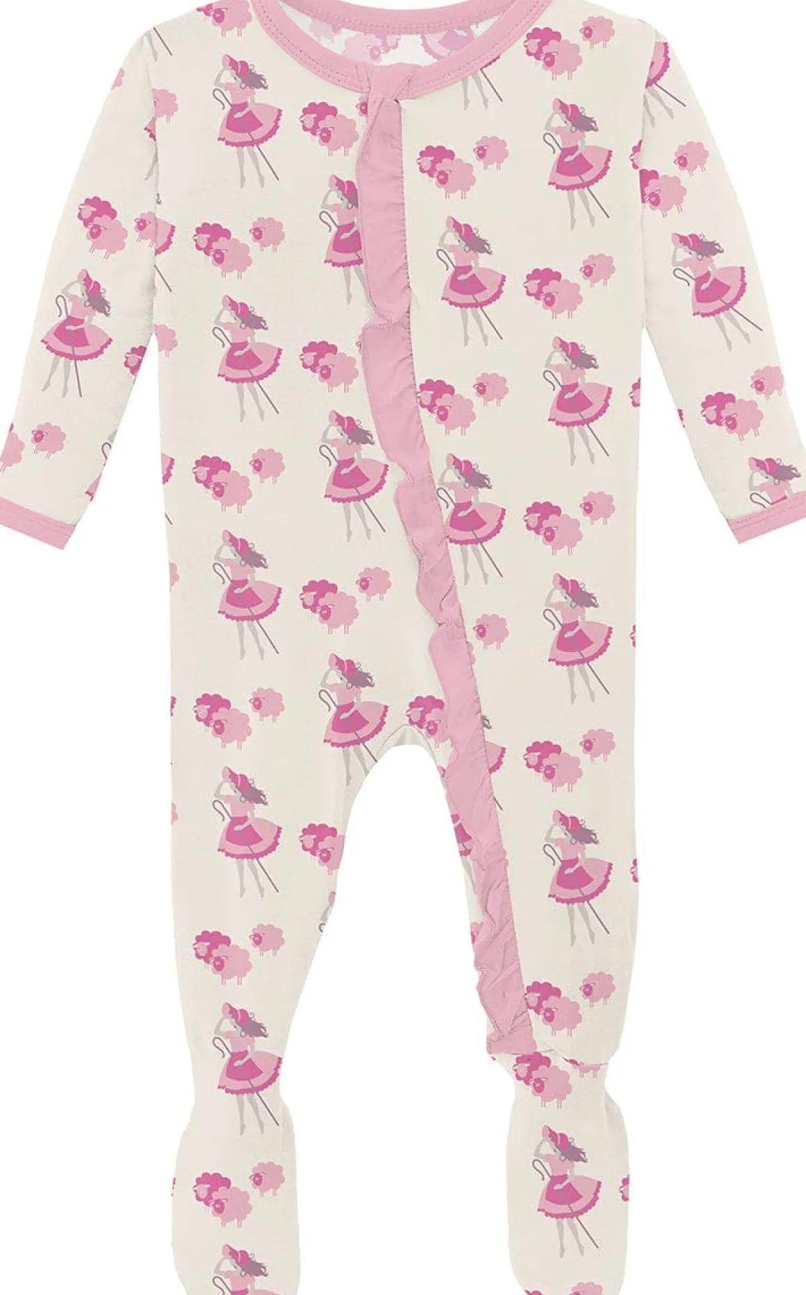 KicKee Pants Print Classic Ruffle Footie with 2 Way Zipper - Natural Little Bo Peep, 0-3 Months