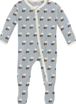 KicKee Pants Print Footie with 2 Way Zipper - Pearl Blue Baby Bumblebee, Newborn