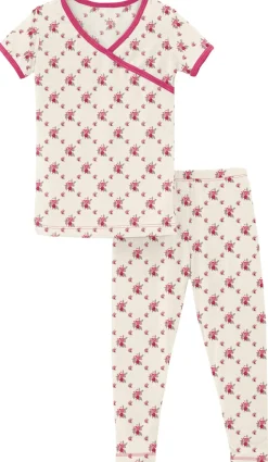 KicKee Pants Short Sleeve Kimono Pajama Set - Natural Rose Trellis, 3T