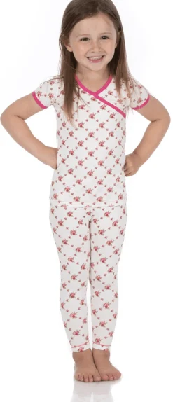 KicKee Pants Short Sleeve Kimono Pajama Set - Natural Rose Trellis, 3T