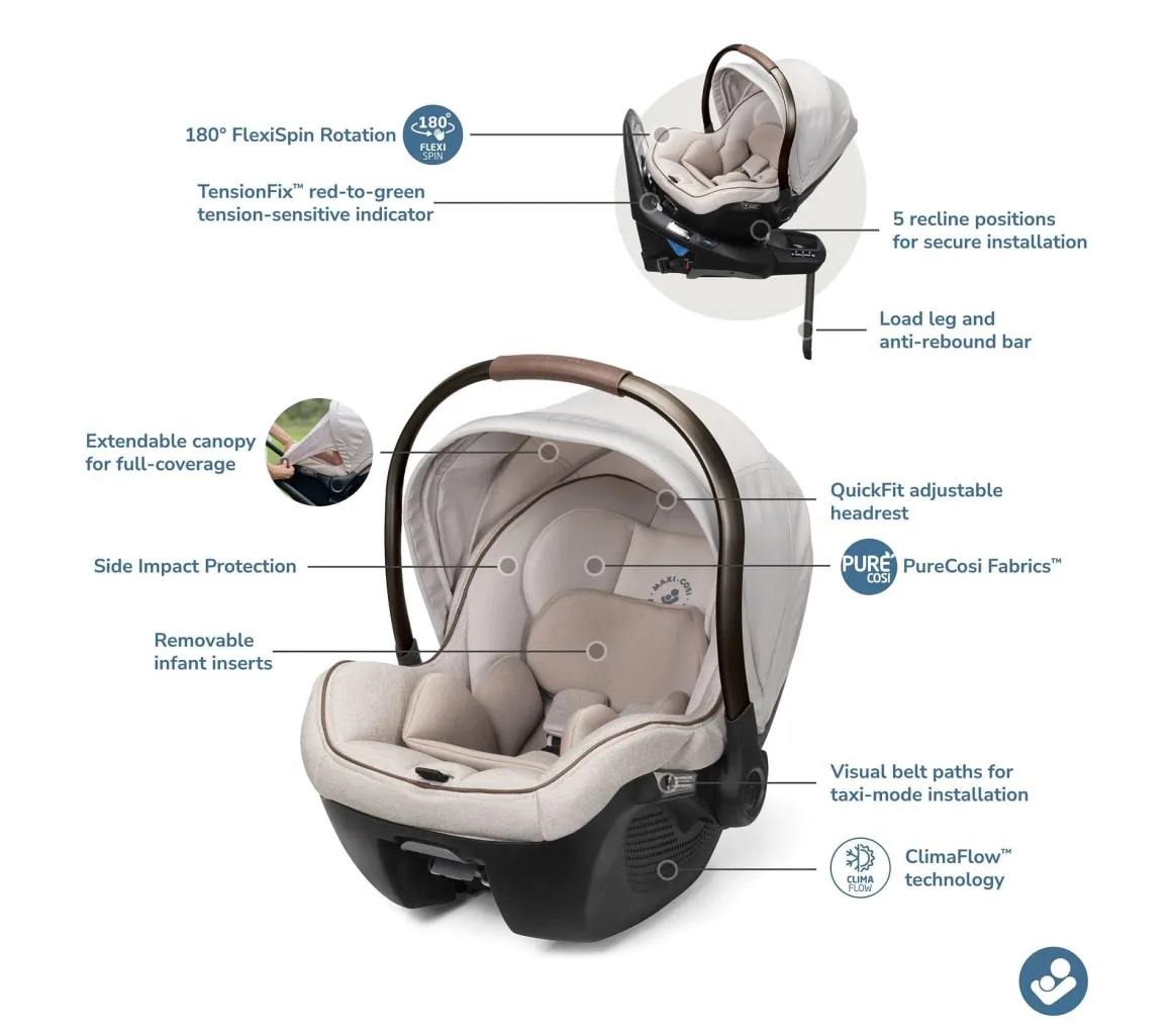Maxi-Cosi Tana 360 + Peri 180 Rotating Infant Car Seat Travel System Bundle - Natural Heritage