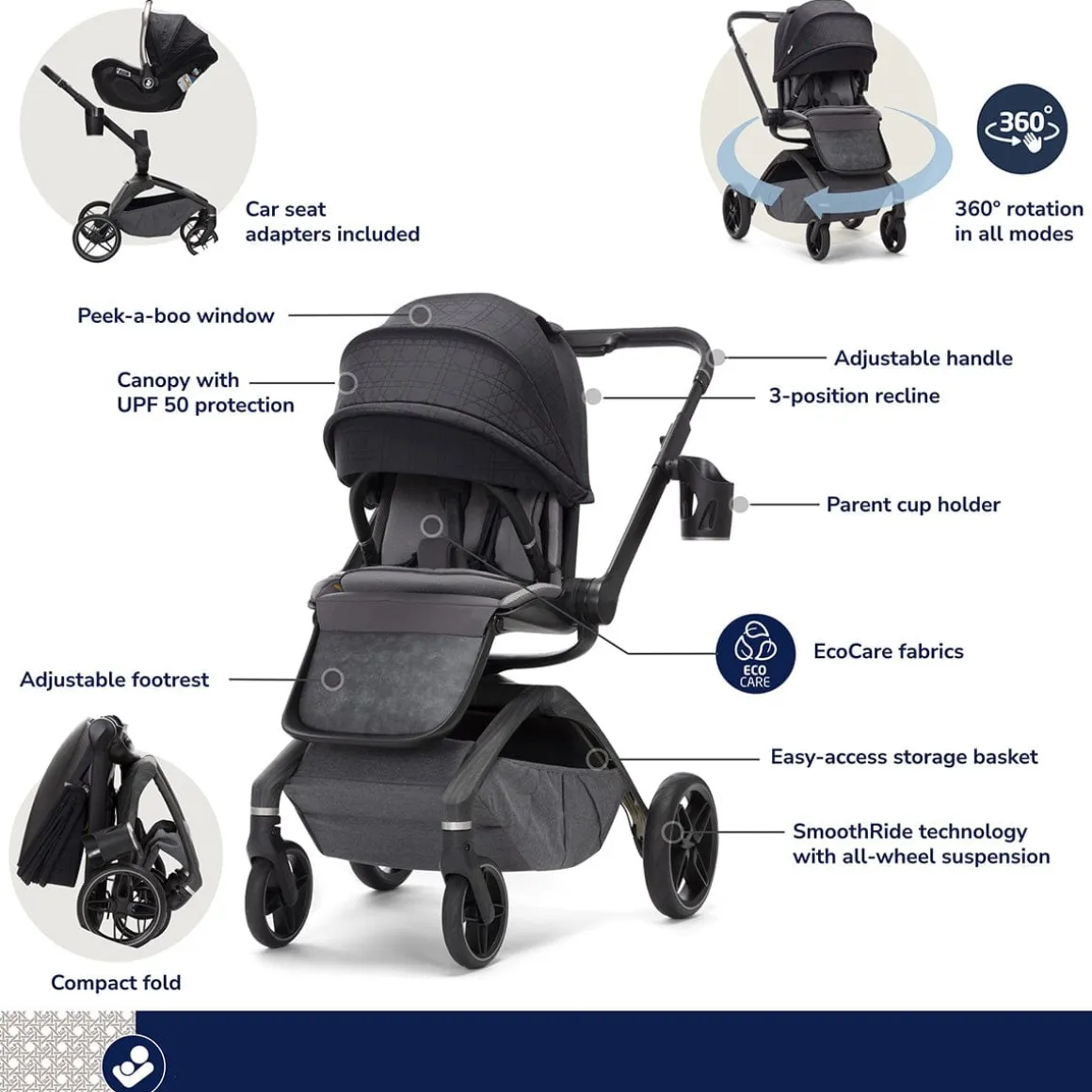 Maxi-Cosi Tana 360 Rotating Modular Stroller + Bassinet Bundle - Onyx Heritage