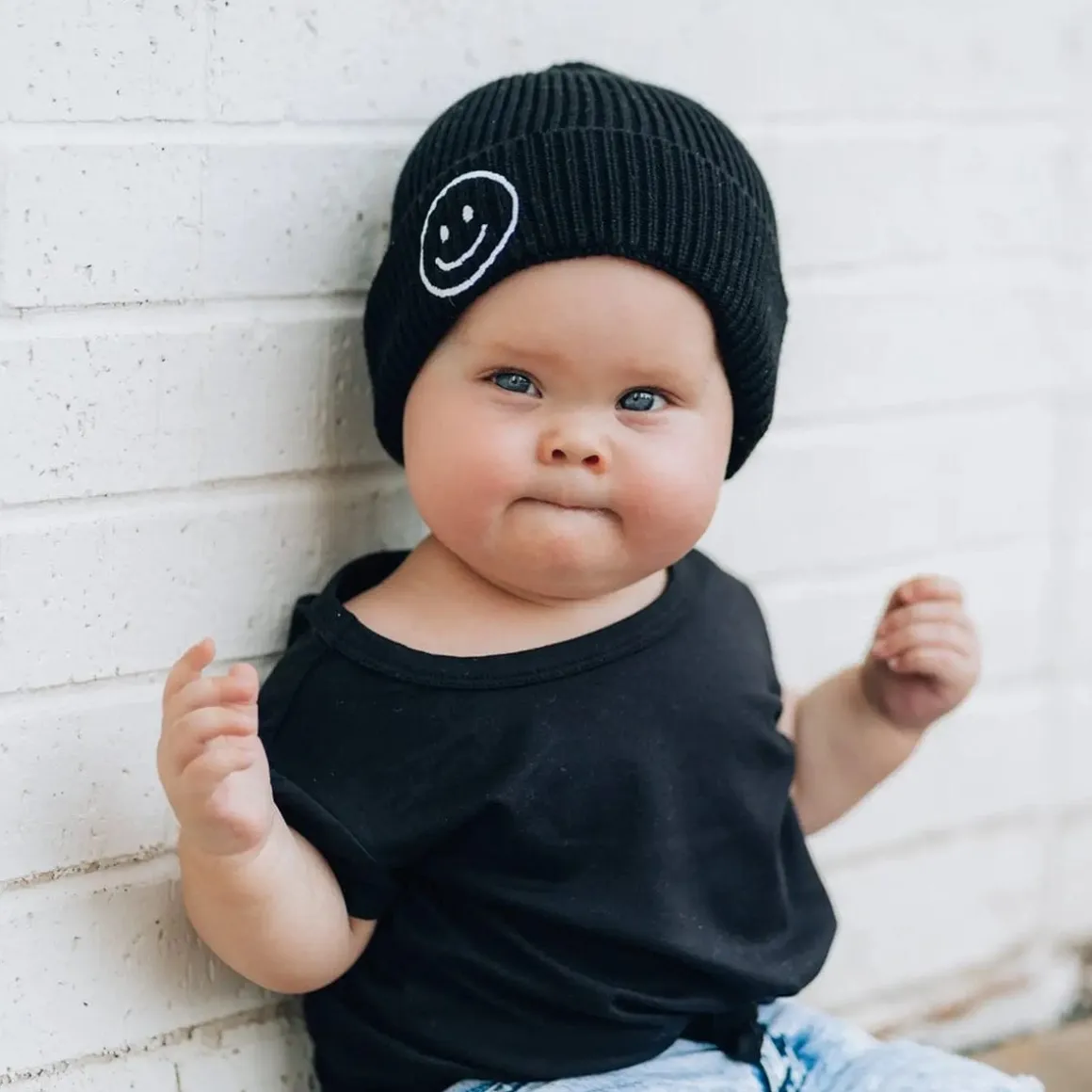 millie+roo Smile Rib Knit Beanie - Black (0-1Y)