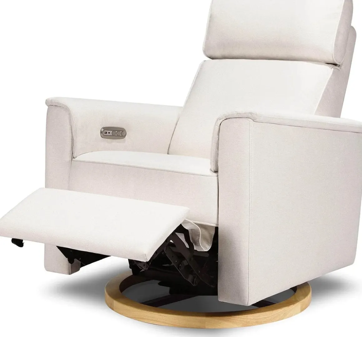 Monogram by Namesake Willa Plus Electric Glider Recliner w/ Electric Headrest - Performance Cream Eco-Weave w/Light Wood Base