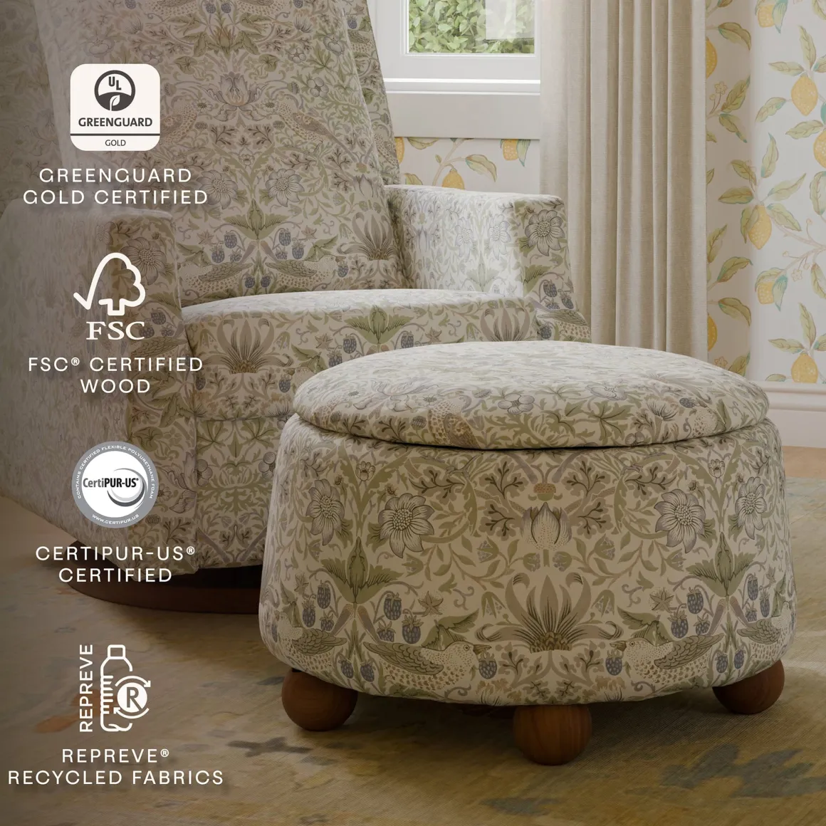 Morris & Co. x Namesake Tuffet Storage Ottoman - Strawberry Thief in Fig & Thyme