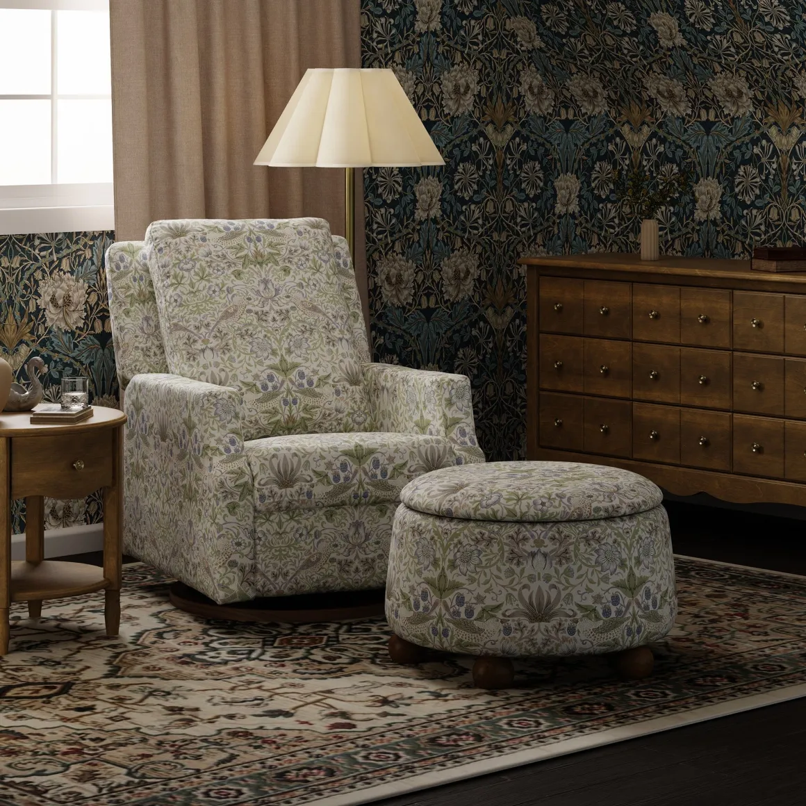 Morris & Co. x Namesake Tuffet Storage Ottoman - Strawberry Thief in Fig & Thyme