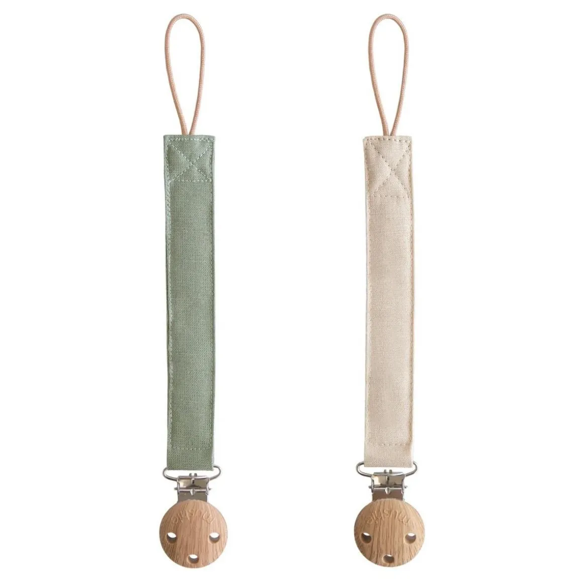 Mushie Linen Pacifier Clip 2-Pack - Olive / Shifting Sand