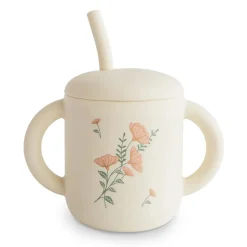 Mushie Silicone Training Cup + Straw - Pink Flowers