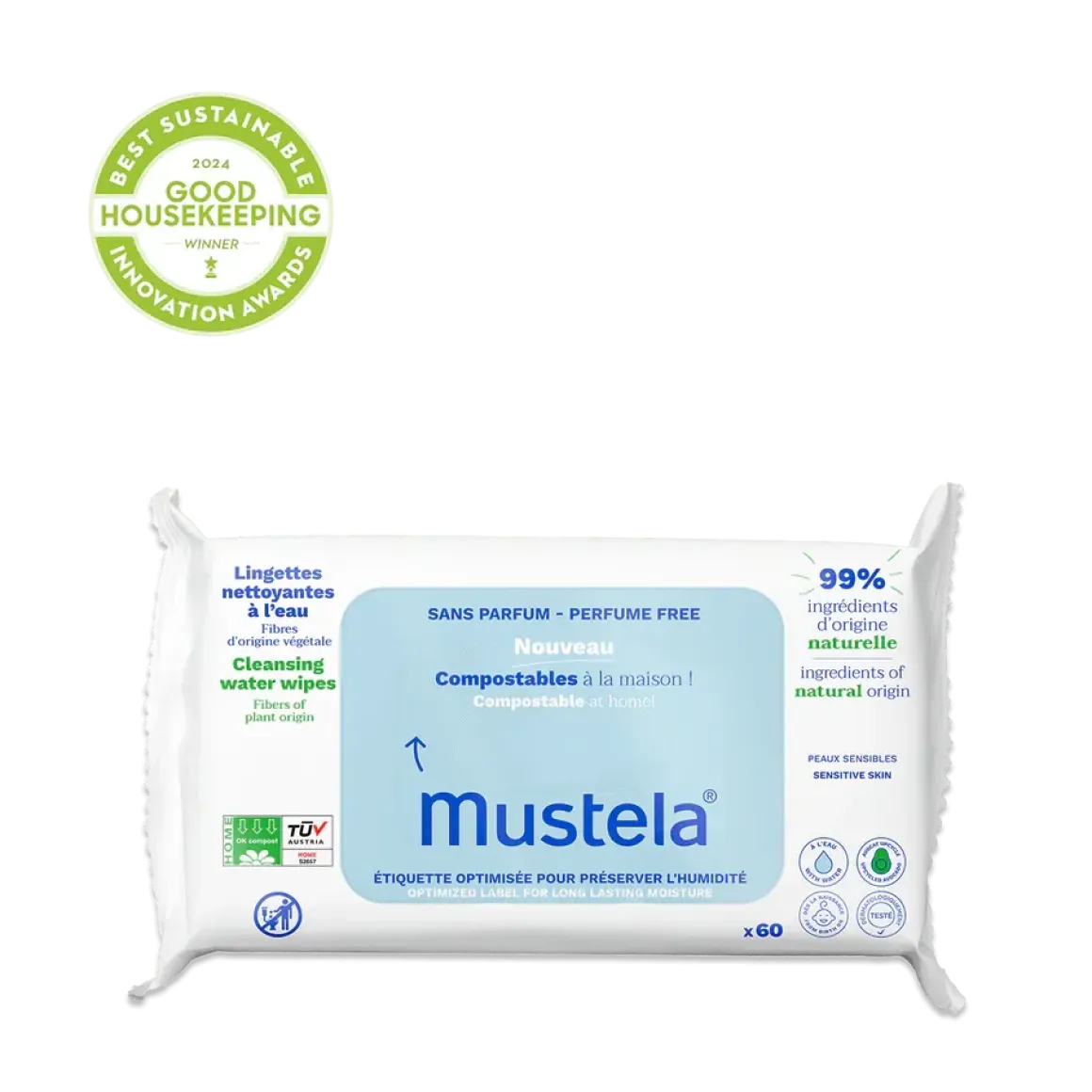Mustela Compostable Cleansing Water Wipes Fragrance Free (60 Count)