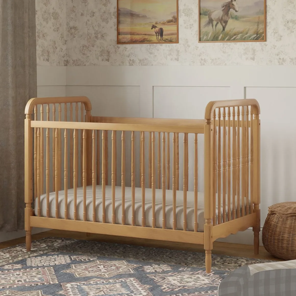 Namesake Liberty 3-in-1 Convertible Spindle Crib w/Toddler Bed Conversion Kit - Honey
