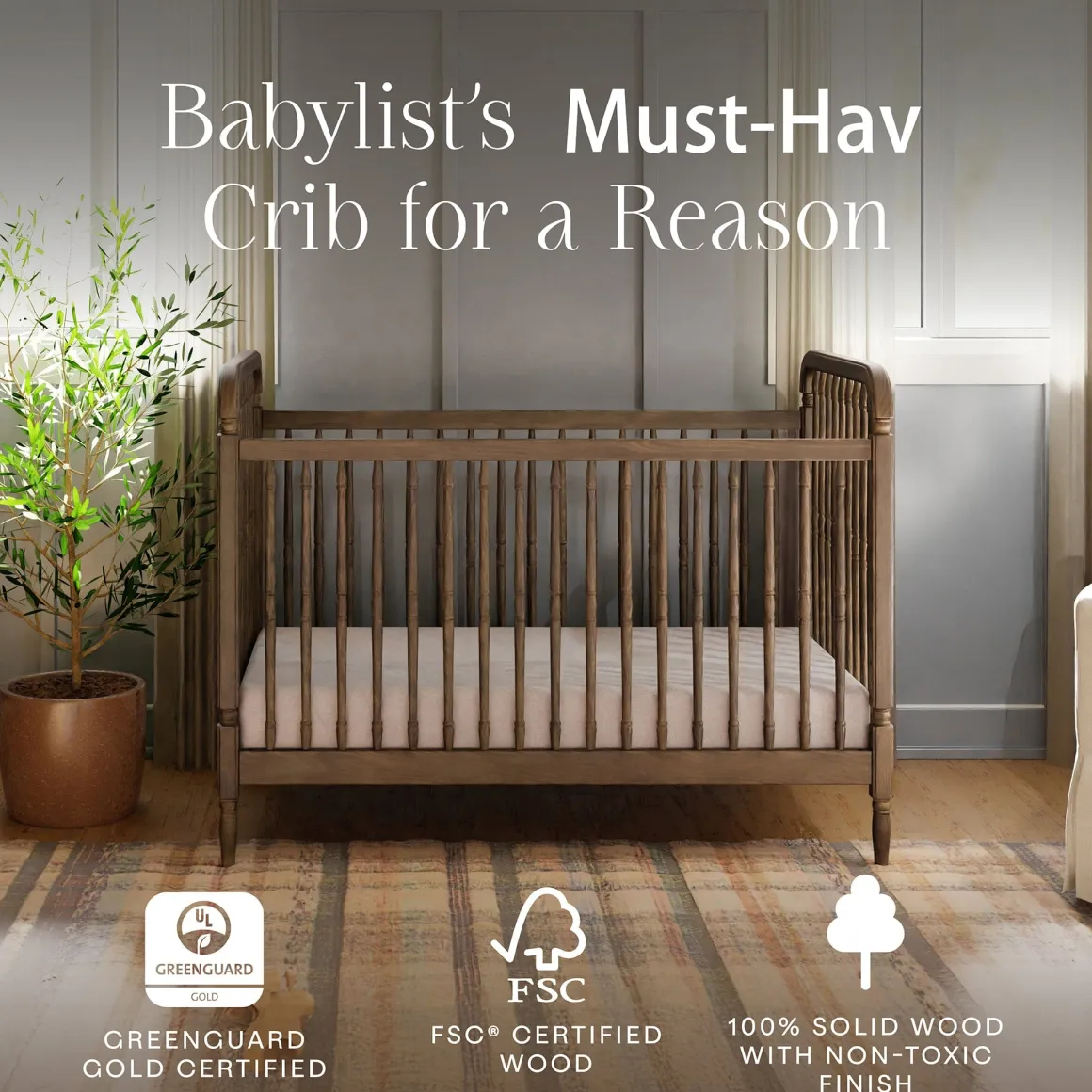 Namesake Liberty 3-in-1 Convertible Spindle Crib w/Toddler Bed Conversion Kit - Natural Walnut