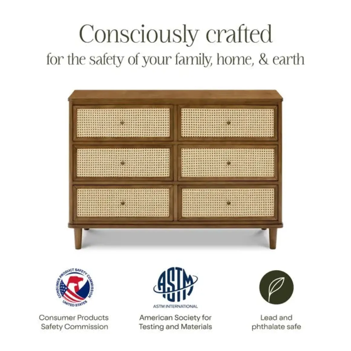 Namesake Marin with Cane 6 Drawer Assembled Dresser - Natural Walnut / Blonde Cane