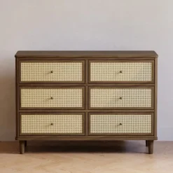 Namesake Marin with Cane 6 Drawer Assembled Dresser - Natural Walnut / Blonde Cane