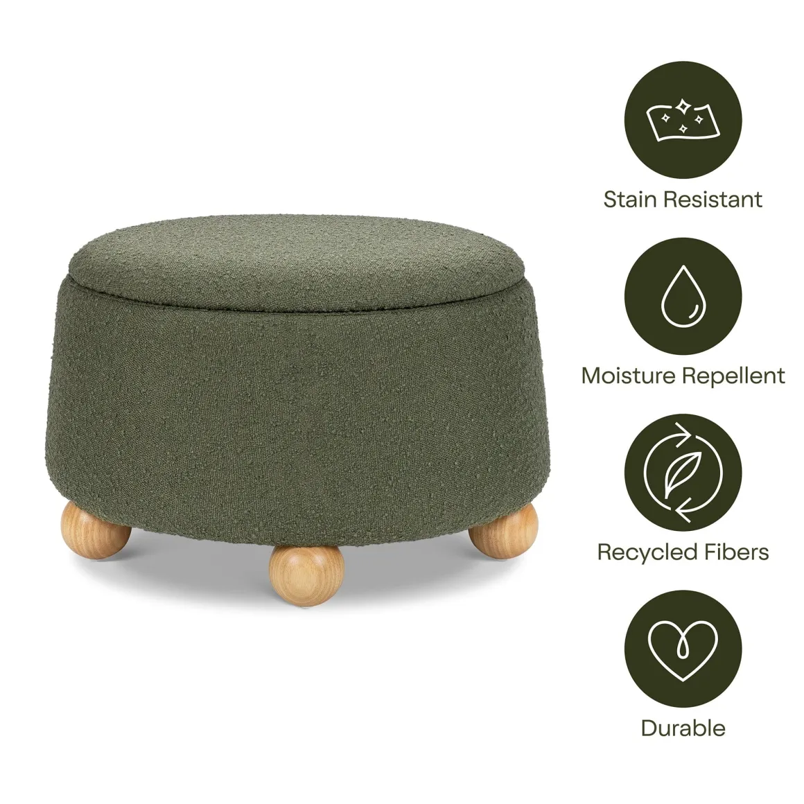 Namesake Tuffet Storage Ottoman - Performance Olive Boucle with Honey Ball Feet
