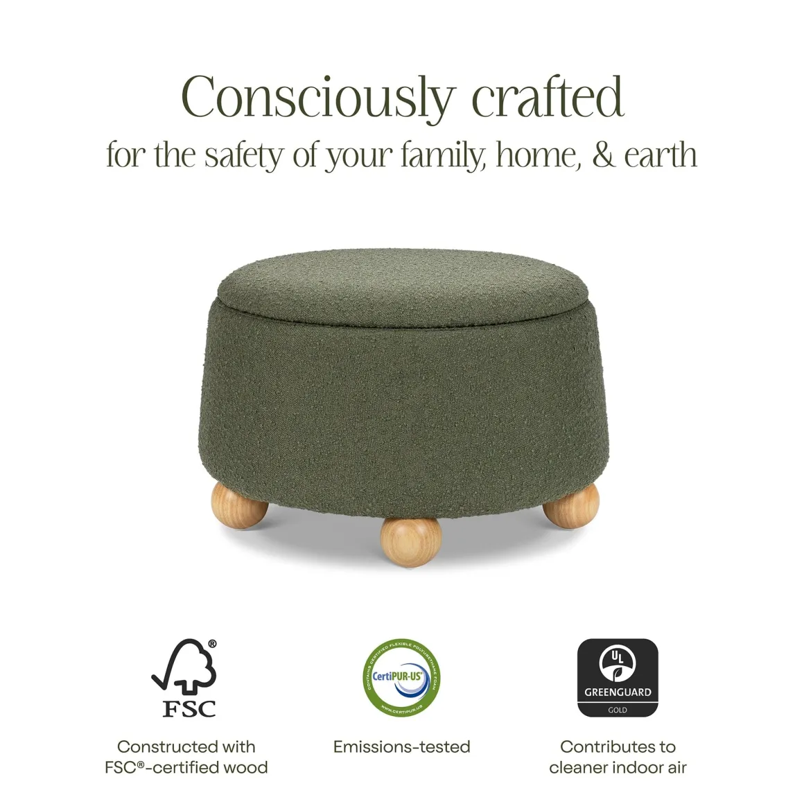 Namesake Tuffet Storage Ottoman - Performance Olive Boucle with Honey Ball Feet