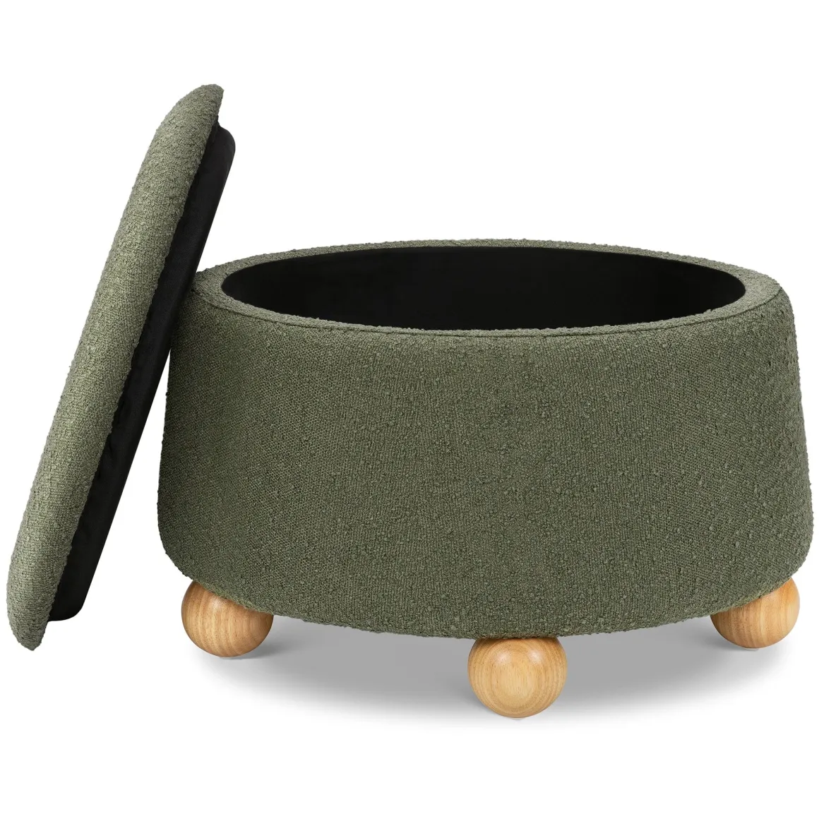 Namesake Tuffet Storage Ottoman - Performance Olive Boucle with Honey Ball Feet